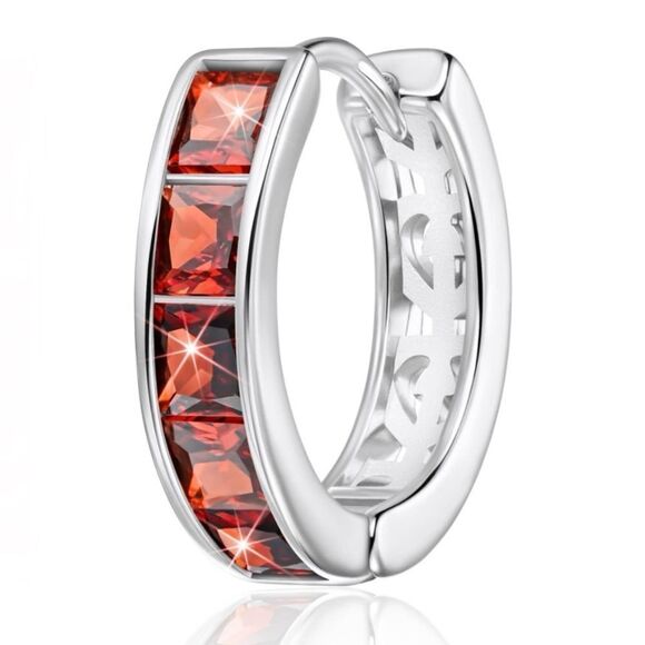 14K White Gold with Red Garnet Cubic Zirconia Princess Cut Huggie Earrings - Picture 2 of 5